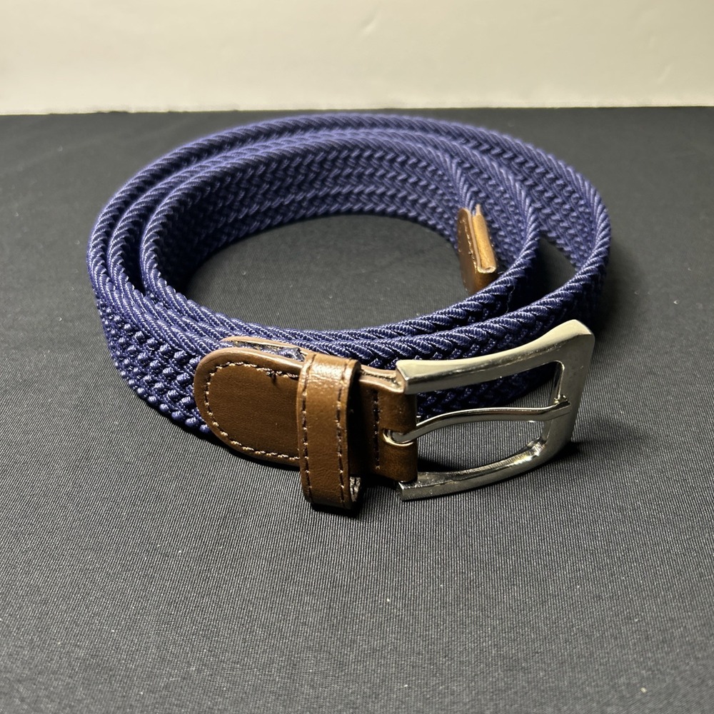 MENS BRAIDED NAVY ELASTIC STRETCH BELT 1.25 WIDTH W/ SILVER BUCKLE SIZE 44 b6